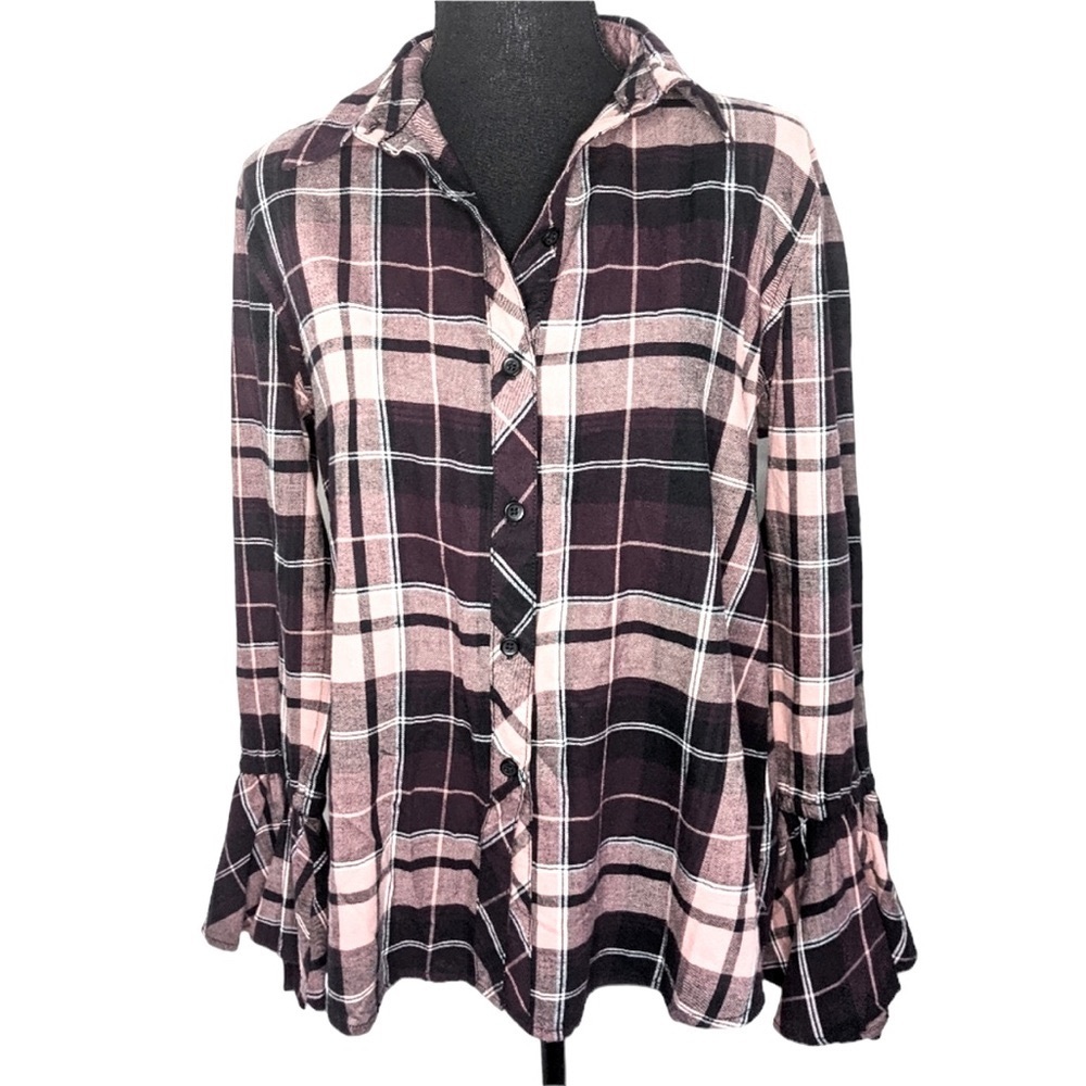 Beach lunch lounge Bell Sleeve Plaid Button Down Top